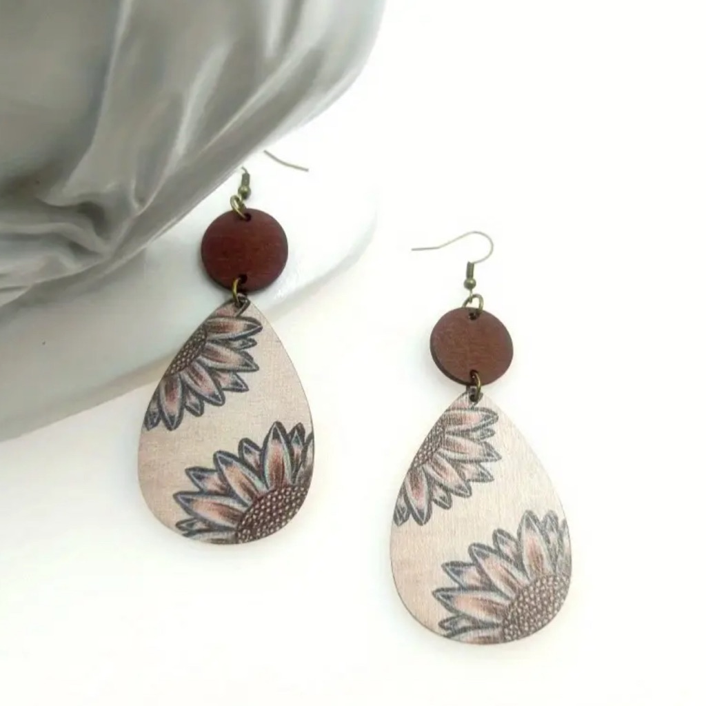 Cream And Brown Floral Teardrop Earrings